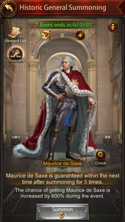 Get Evony Maurice de Saxe from Historic General Summoning Event